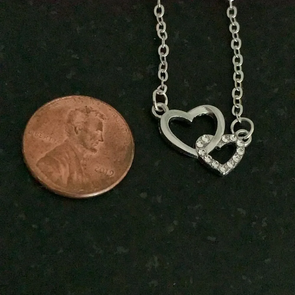 Interlocking Double Hearts Silver Tone Necklace with Rhinestones